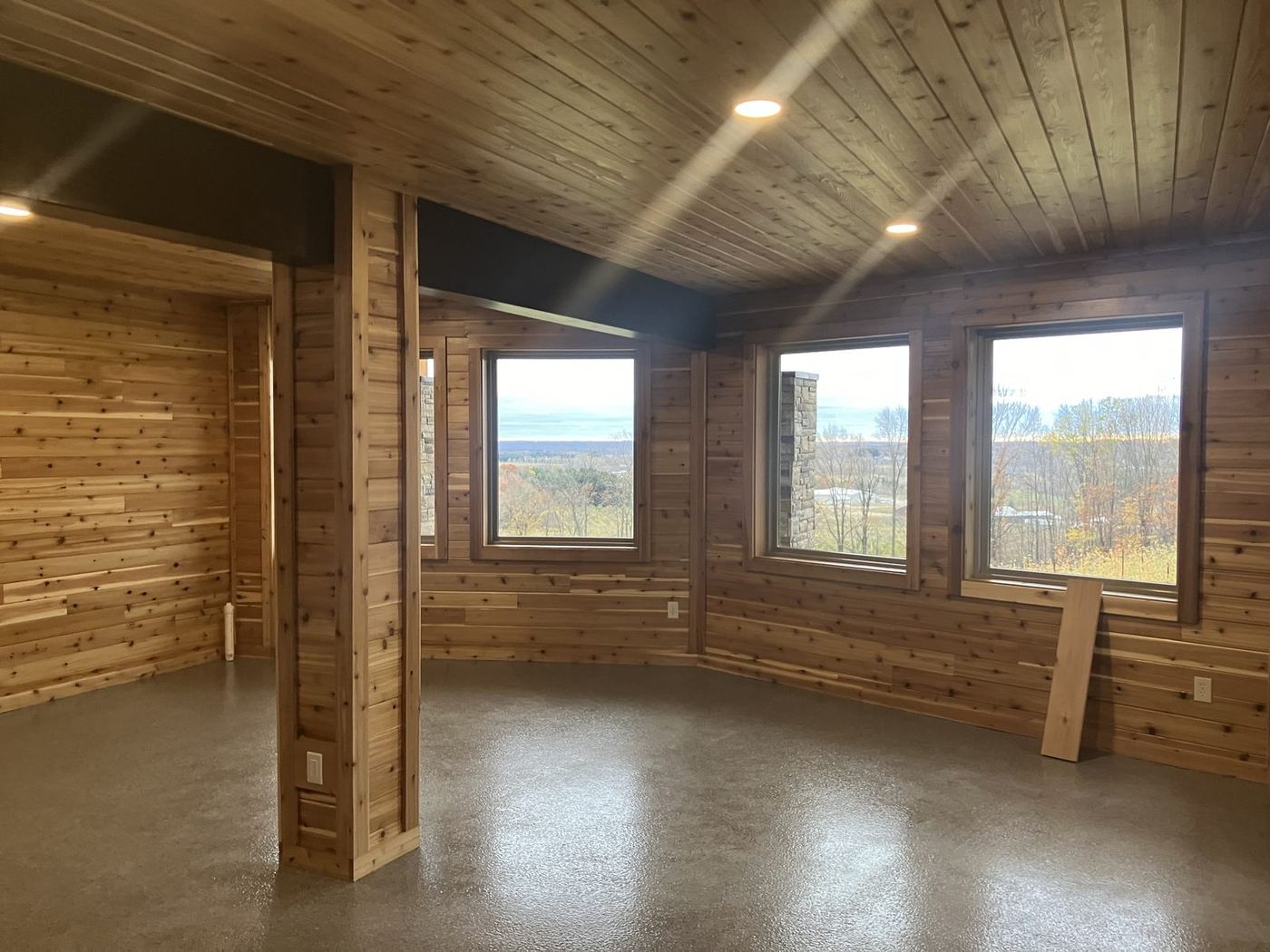 Recessed lighting, cedar ceiling